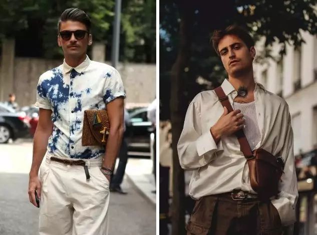 Two handsome men choose the same color system belt  as the other accessories.