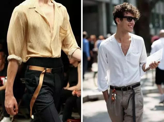 Two fashion men choose a lighter and softer belt and put the rest of the belt down